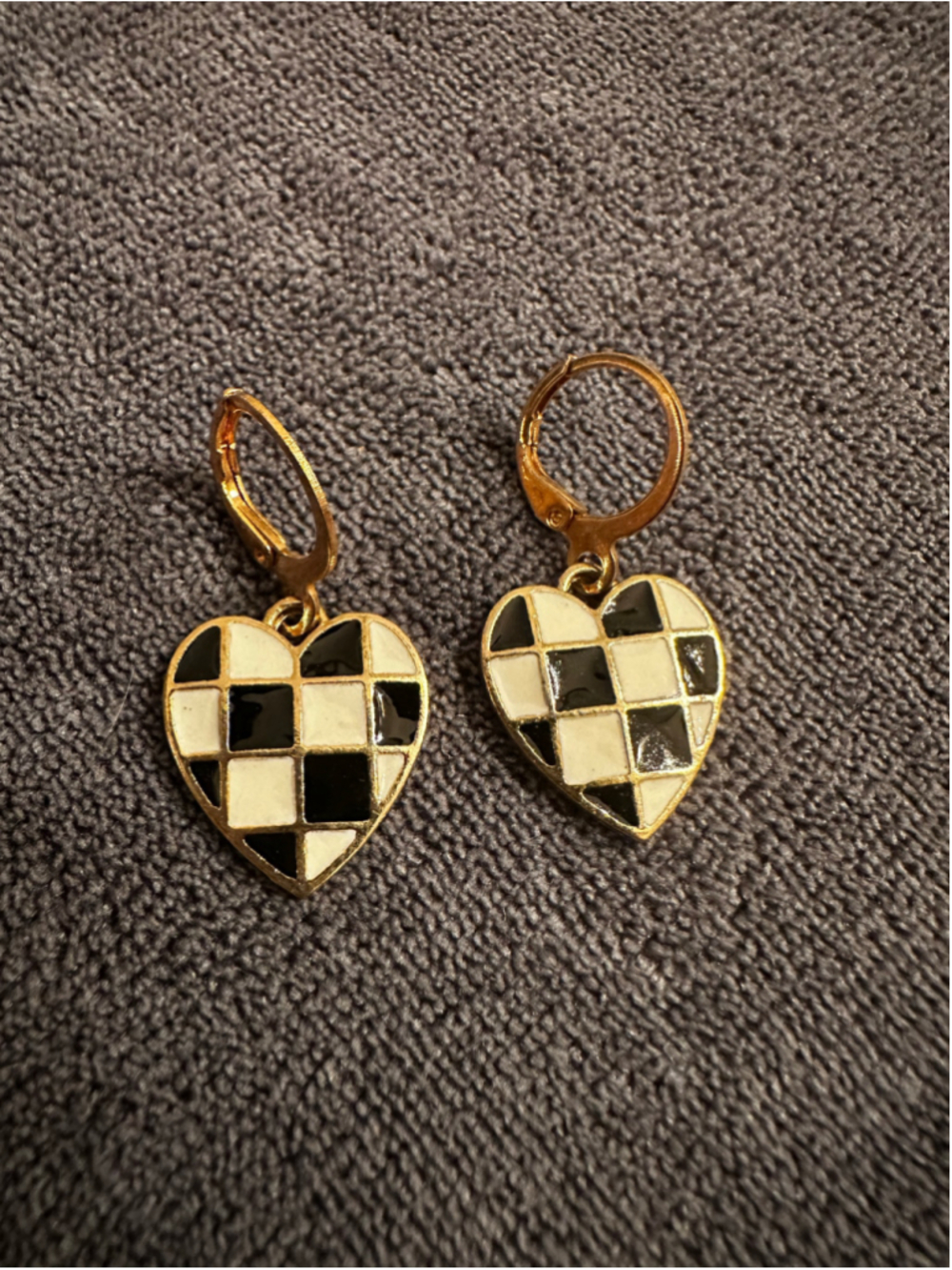 Unbranded Black and White Checked Heart Hoop Earrings
